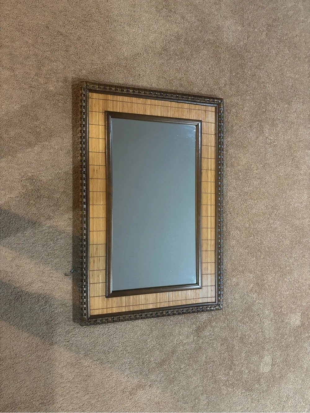 Wood and Bronze Rectangular Wall Mirror in Brown